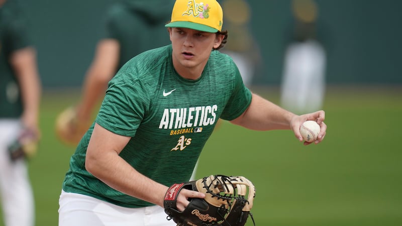 Athletics' Nick Kurtz works out during spring training baseball Monday, Feb. 16, 2026, in...