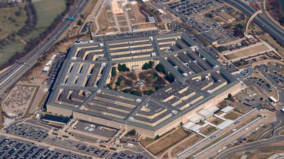 FILE - The Pentagon is seen from Air Force One as it flies over Washington, March 2, 2022.