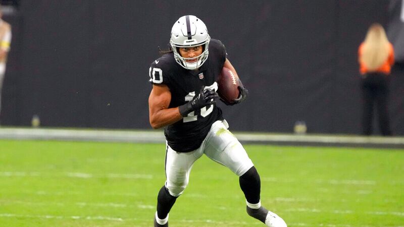 Las Vegas Raiders wide receiver Mack Hollins (10) during the first half of an NFL preseason...