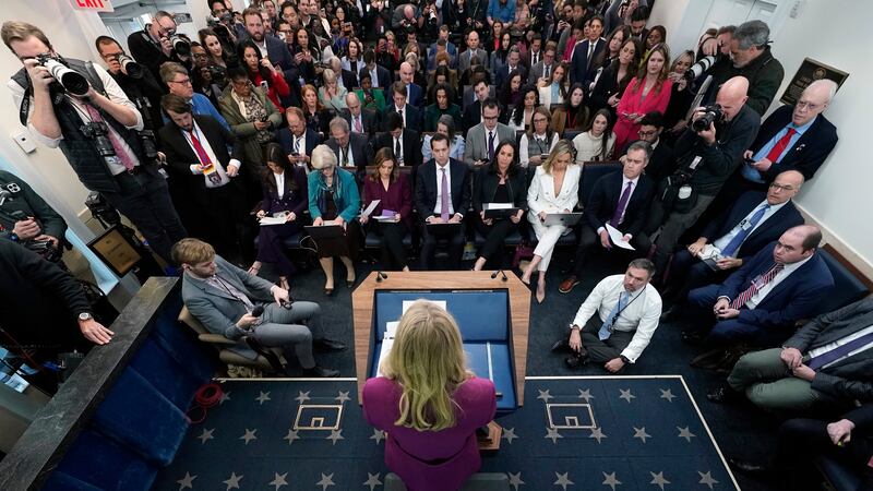 White House press secretary Karoline Leavitt speaks with reporters in the James Brady Press...