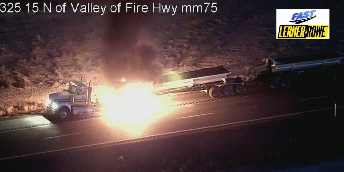 Clark County firefighters respond to semi-truck fire on I-15 near Valley of Fire State Park