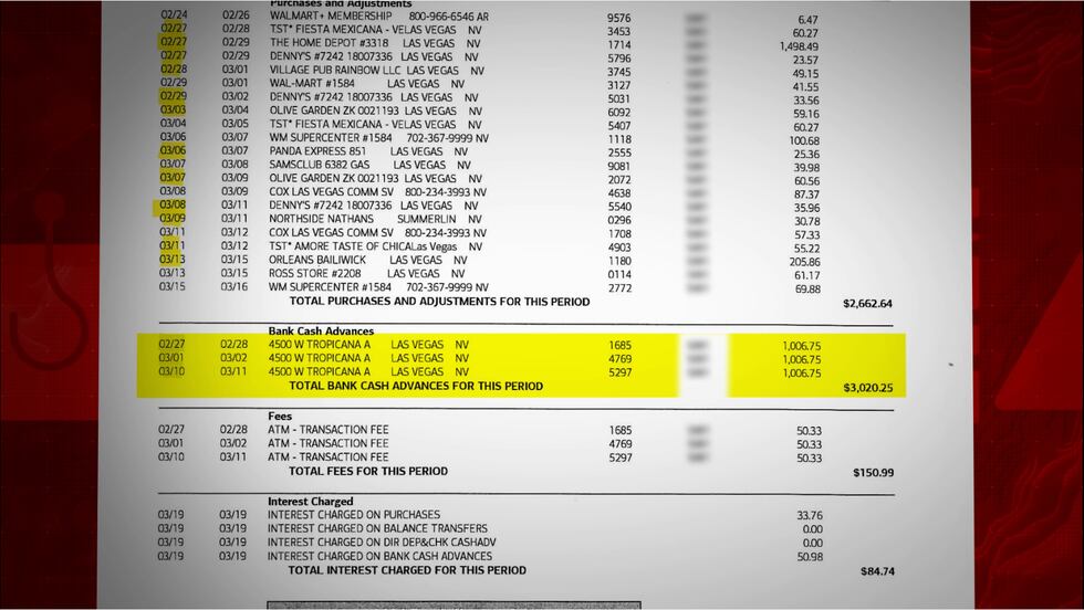 Robert's credit card statement shows three $3,000 withdrawals at the Orleans within a matter...