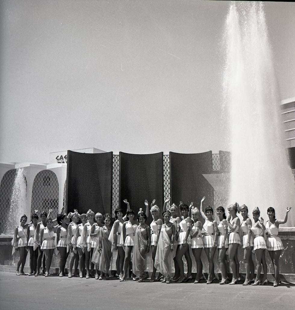 "Goddesses" cocktail waitresses by fountain prior to Grand Opening of the Caesars Palace Hotel...