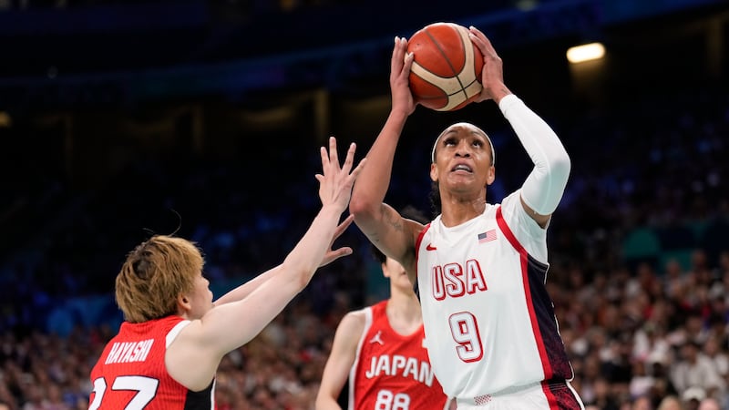 A'ja Wilson, of the Unites States, shoots over Saki Hayashi, of Japan, in a women's basketball...