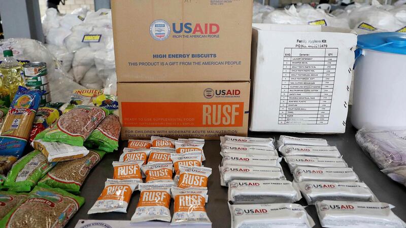 FILE - USAID humanitarian aid destined for Venezuela is displayed for the media at a warehouse...
