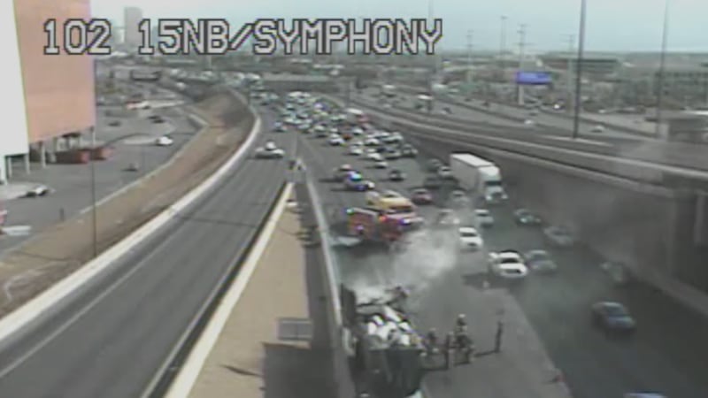 Vehicle fire blocks lanes on I-15 North near Symphony