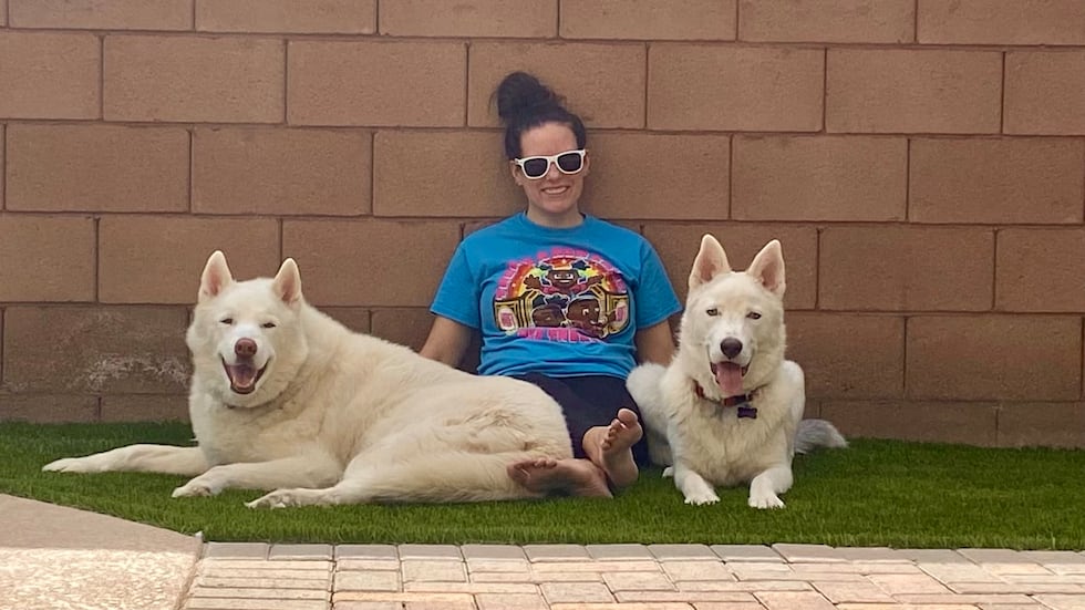 Jen Dudycha pictured with her family dogs.
