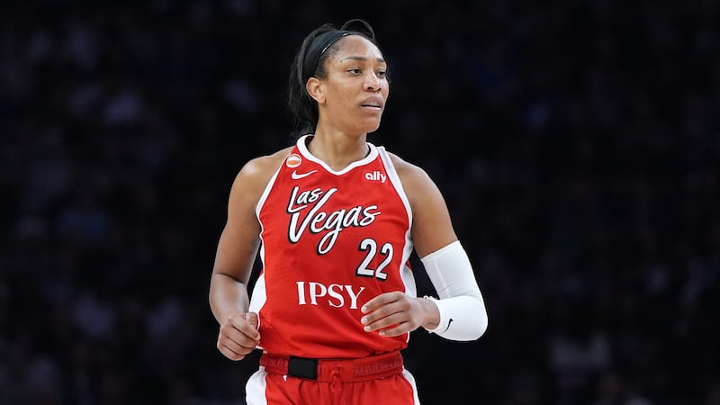 Las Vegas Aces center A'ja Wilson (22) jogs down the court during the second half of a WNBA...