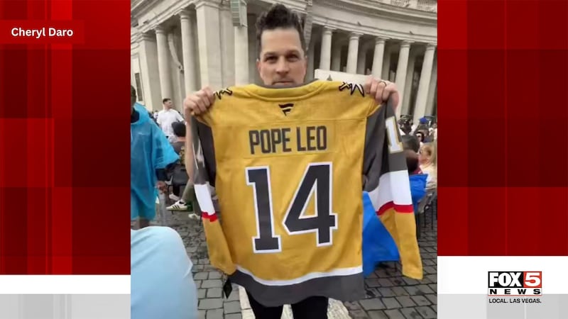 Golden Knights in-arena host Mark Schunock posted a video Thursday holding a Pope Leo Golden...