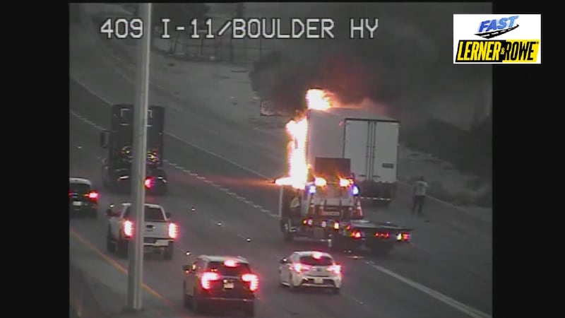 Nevada State Police respond to a semi-truck fire on I-11 at Boulder Highway on Tuesday...
