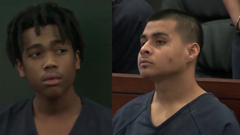 Jzamir Keys, left, and Jesus Ayala, right, appear in court in Las Vegas on Wednesday, Oct. 11.