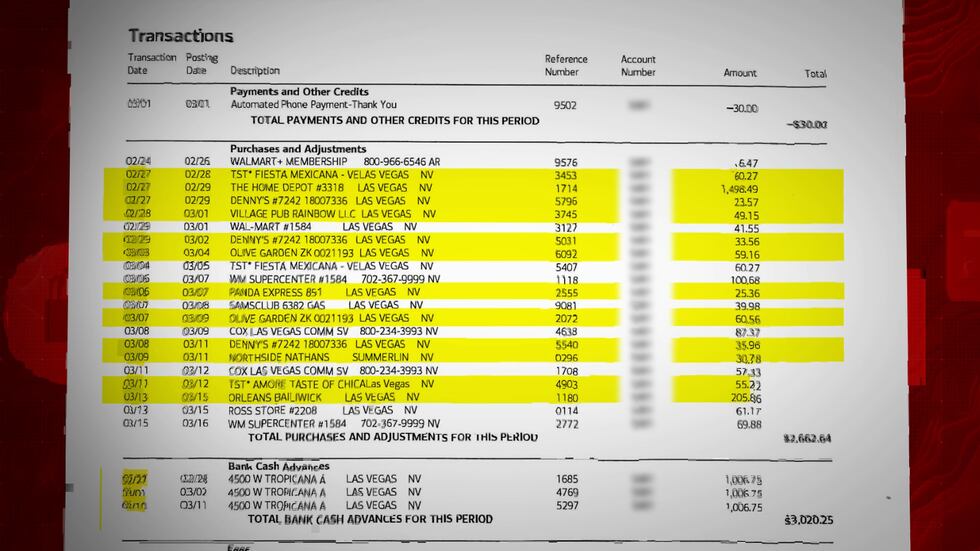 A statement for Robert's seldom-used credit card shows a flurry charges beginning in February...