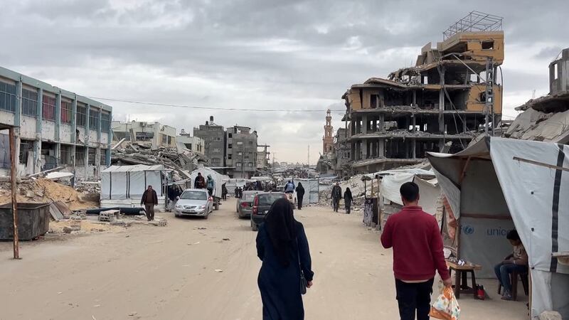 Displaced Palestinians are sheltering in tents on the ruins of Khan Younis in the Gaza Strip.