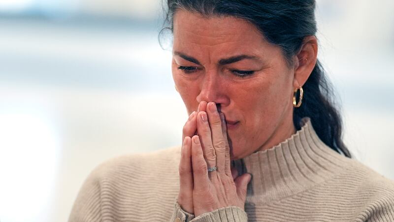 Former Olympic skater Nancy Kerrigan pauses while addressing the media at The Skating Club of...