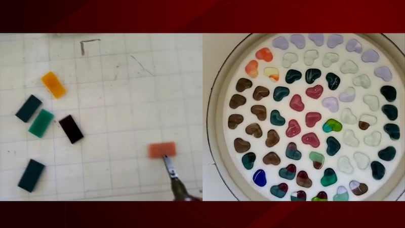 Mismatched pieces of glass are transformed into heart-shaped works of art in a 1,500 degree kiln