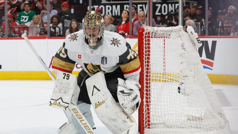 Vegas Golden Knights goaltender Carter Hart (79) watches the puck against the Carolina...