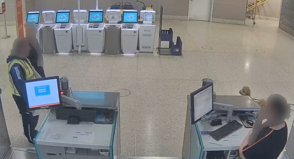 Officers responded to reports of the dog tied to a structure known as a baggage sizer in...