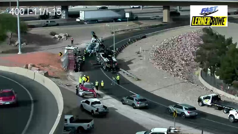 Nevada State Police are responding to a semi rolled over at I-11 and I-15 Monday afternoon.