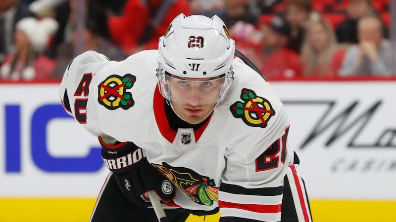 Chicago Blackhawks' Brandon Saad plays against the Detroit Red Wings in the first period of an...