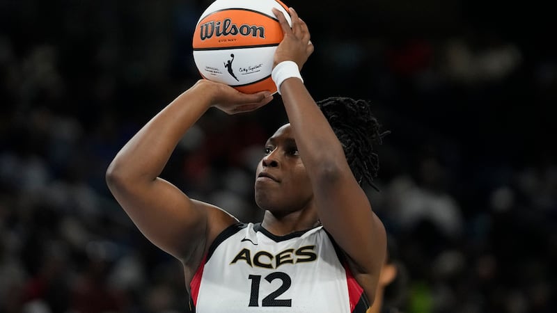 Las Vegas Aces guard Chelsea Gray takes a free throw during the second half of a WNBA...