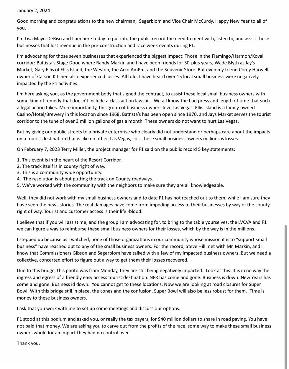 Letter submitted for the F1 Small Business Recover Fund