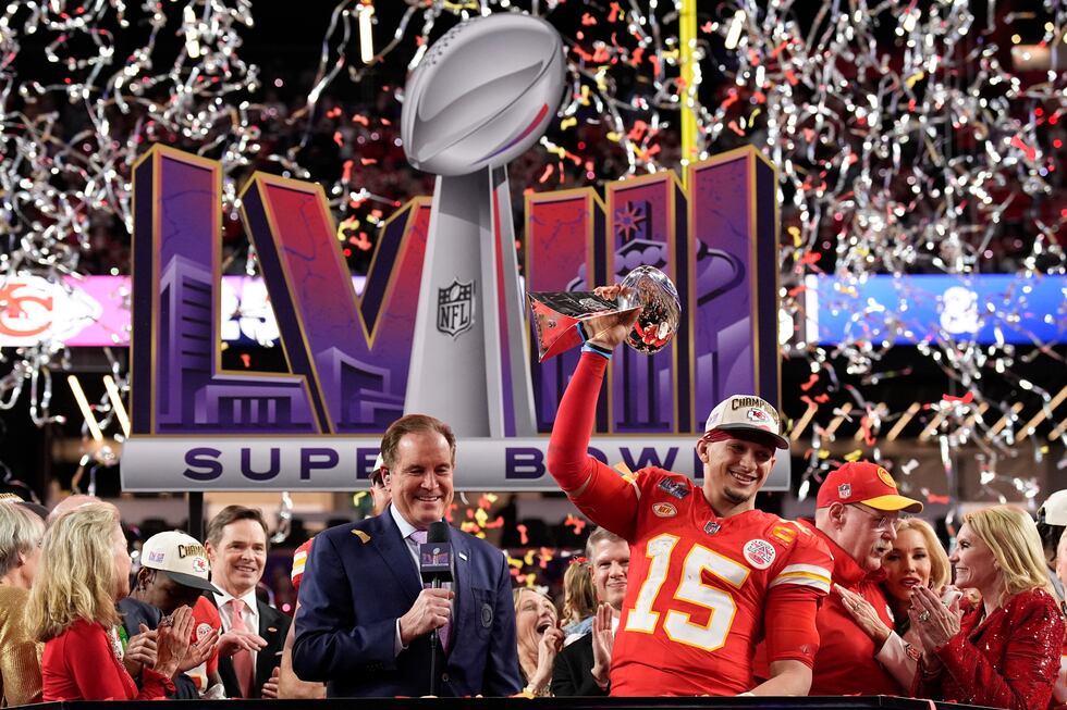 Kansas City Chiefs quarterback Patrick Mahomes (15) celebrates after the NFL Super Bowl 58...