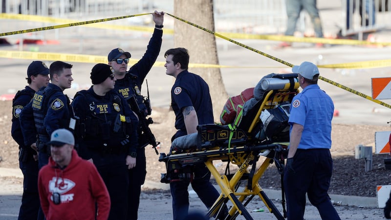 Emergency personnel arrive following a shooting at the Kansas City Chiefs NFL football Super...