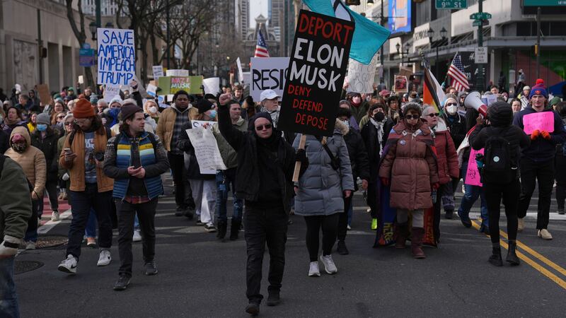 Protesters demonstrate against Project 2025, in Philadelphia, Wednesday, Feb. 5, 2025.