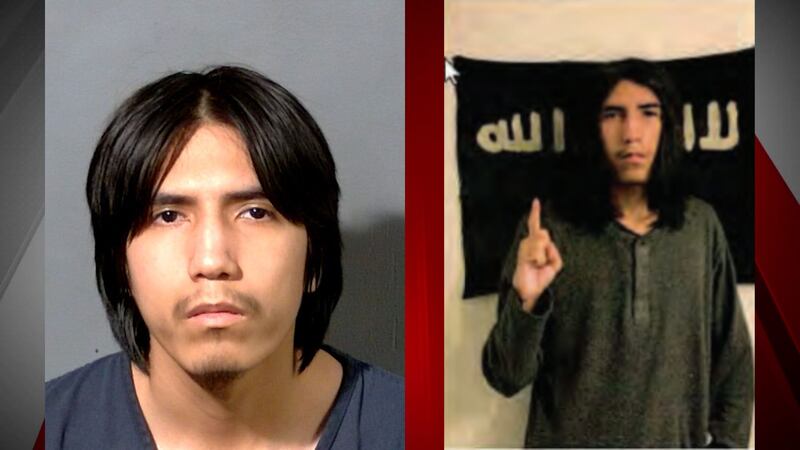 Booking photo of Joshua Robles, left, and photo of Robles in front of a homemade ISIS flag,...