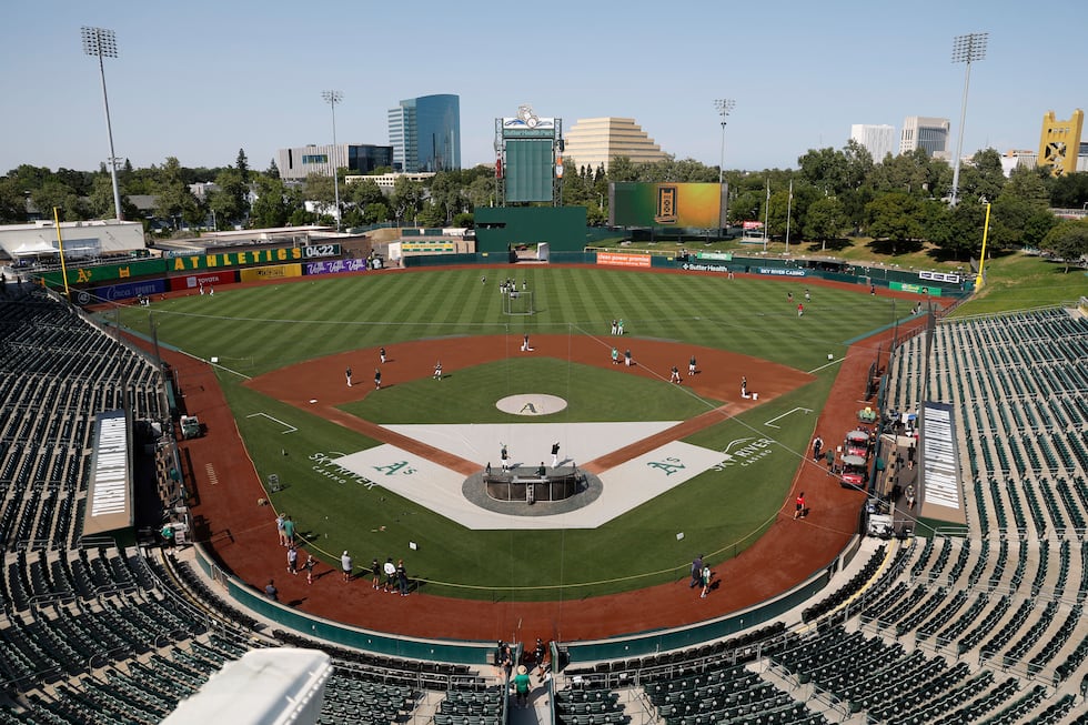 A general view of Sutter Health Park as the Athletics practice before a baseball game against...