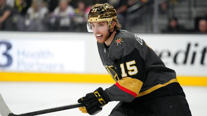 Vegas Golden Knights center Jake Leschyshyn (15) plays against the Vancouver Canucks during an...