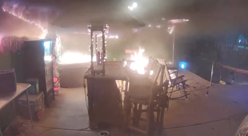 Ring cameras capture a fire growing on the back patio as the homeowners unknowingly go about...