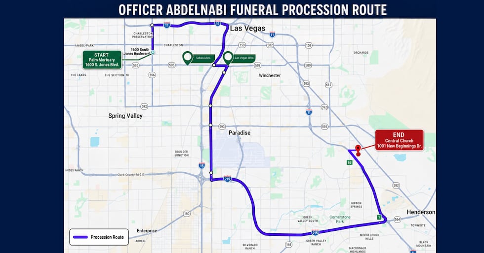 LVMPD releases procession route for Officer Austin Abdelnabi funeral on Friday, August 14, 2026.