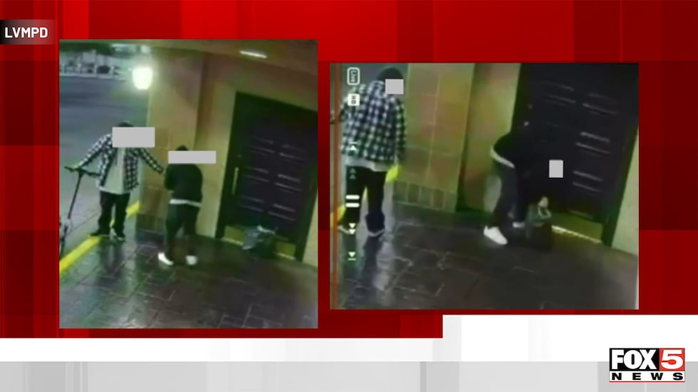 Two suspects caught on surveillance video planting an explosive device at a Las Vegas Strip...