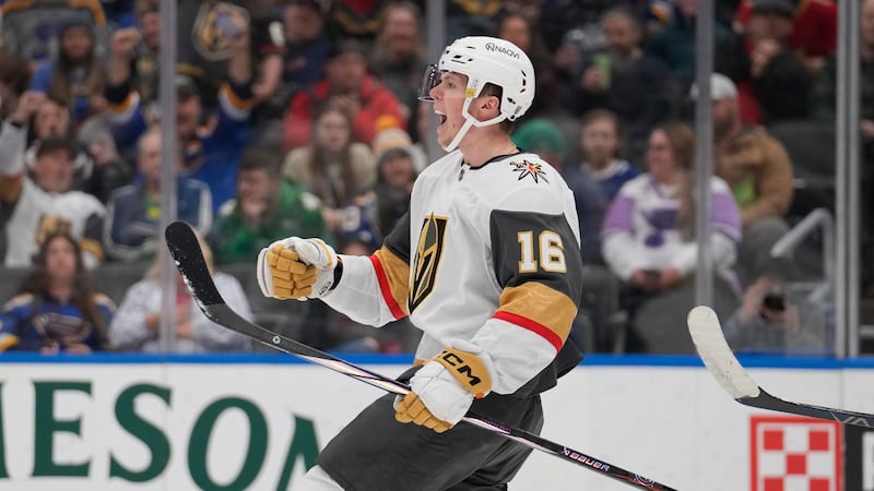 Vegas Golden Knights' Pavel Dorofeyev (16) celebrates after scoring during the first period of...