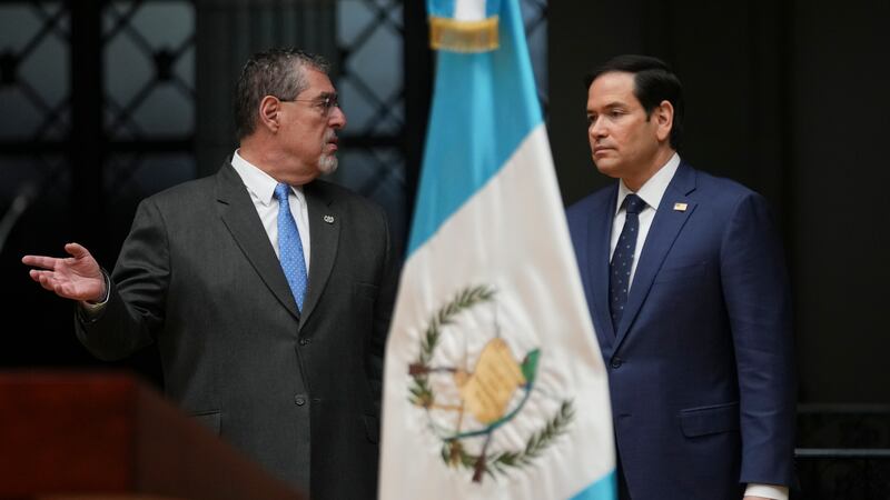 U.S. Secretary of State Marco Rubio, right, and Guatemalan President Bernardo Arevalo arrive...