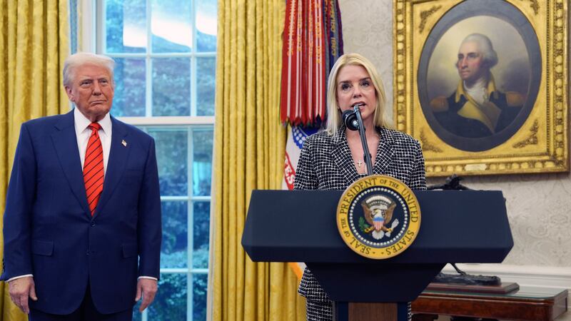 Attorney General Pam Bondi speaks after being sworn in by Supreme Court Associate Justice...
