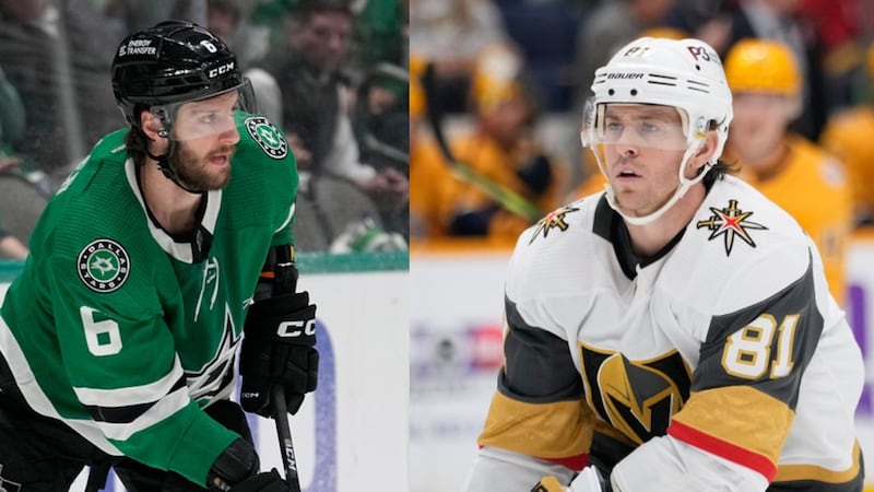 Dallas Stars defenseman Colin Miller, left, Golden Knights' Marchessault, right.