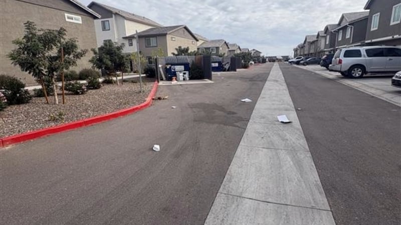 Trash from an overflowing dumpster at the Hayden Farms community in Surprise, AZ.