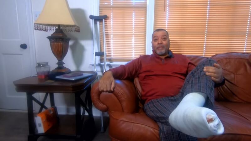 Kevin Caple needed surgery on his foot and stitches in his hand after a glass shower door...