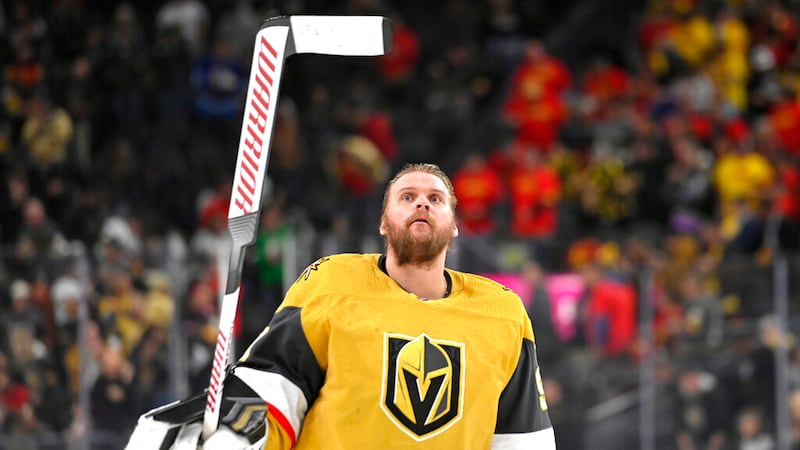 FILE - Vegas Golden Knights goaltender Robin Lehner skates before an NHL hockey game against...