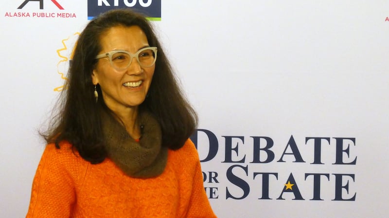 In this photo shot with a smart phone, Democrat Mary Peltola smiles ahead of a debate with...