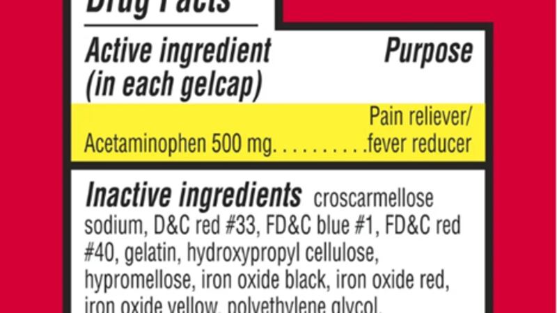 Label showing Acetaminophen is the main ingredient of product