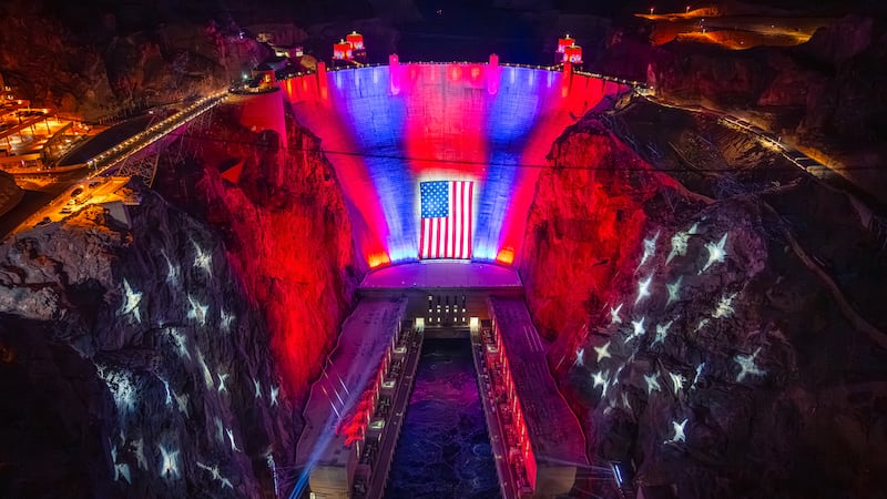 A patriotic display lights up Hoover Dam on Memorial Day 2026 to celebrate America 250.
