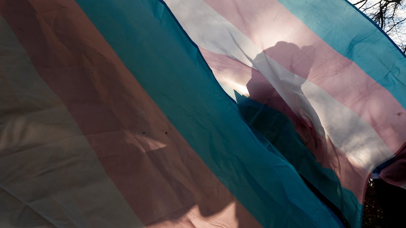 FILE - A protester is silhouetted against a trans pride flag during a pro-transgender rights...