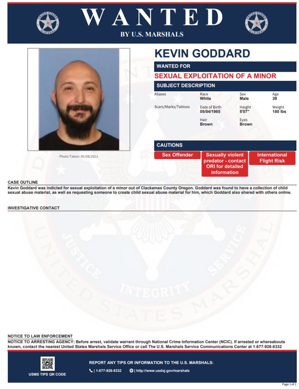 The U.S. Marshals Service division in Las Vegas says a wanted sex offender, Kevin Goddard, may...