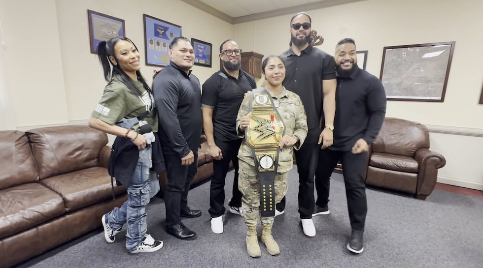 WWE superstars visited Nellis Air Force Base during WrestleMania week in Las Vegas.