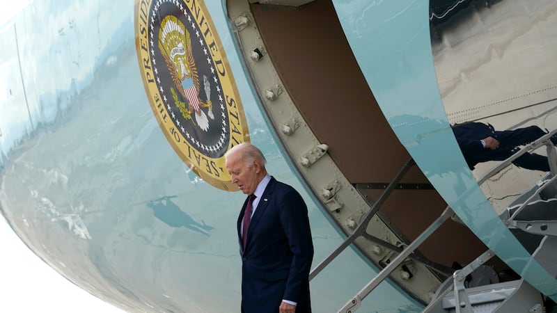President Joe Biden arrives on Air Force One at Harry Reid International Airport in Las Vegas,...