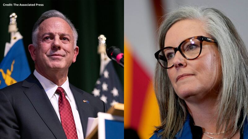 Joe Lombardo, left, and Katie Hobbs, right.